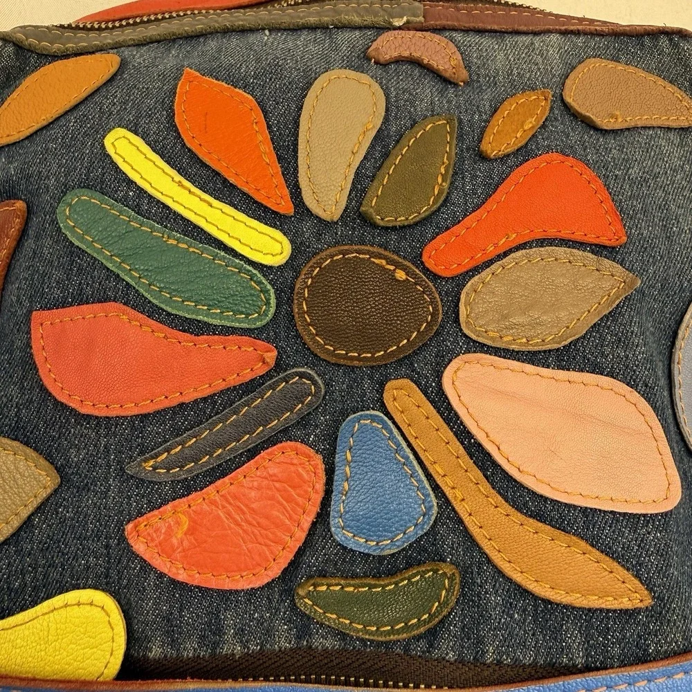 VTG Amerileather‎ Leather Backpack Multi Color Rainbow Flower Boho Denim Bag Y2K